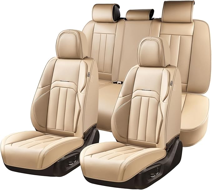 Coverado Car Seat Cover, Cover for Cars Full Seat, Premium Leather, Universal Fit Waterproof Seat Protectors, Car Seat Cushion Non-Slip for Most Cars-Beige