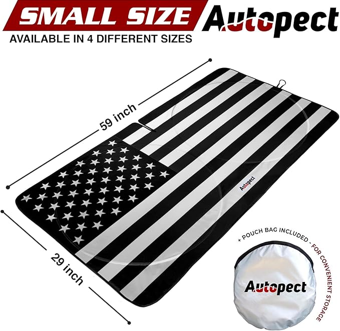 Windshield Sun Shade - American Flag Design, High-Resolution Sun Visor for Car, Truck, SUV with Mirror Cut-Out for Interior Sun Protection, Foldable Car Sun Shade (Black and White, Small)