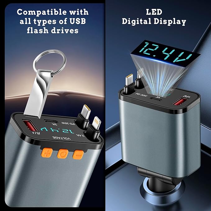 50W PD Car Charger with Bluetooth FM, Retractable Type-C & Lightning Cables, Hands-Free Calling Kit, USB MP3 Player & Voltage Display for 12V/24V Cars, Trucks