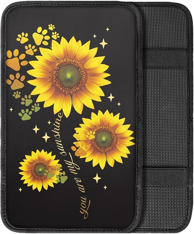 UNICEU Yellow Sunflower Dog Paw Car Armrest Pads Interior Accessories Sunflower Car Accessory Universal Fit Automotive Center Console Armrest Cushion Seat Storage Box Pads for Most Vehicle