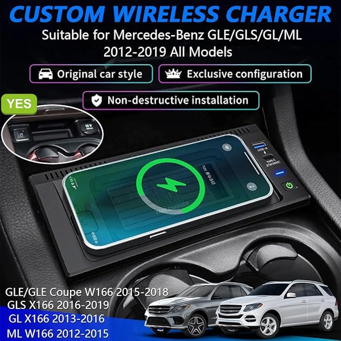 Wireless Car Charger for Mercedes-Benz GLE/GLS/GL/ML 2012-2019, OEM Custom Fit with 27W USB-A & Type-C Wireless Fast Phone Charging Pad for Mercedes-Benz W166 X166 C292 Interior Accessories
