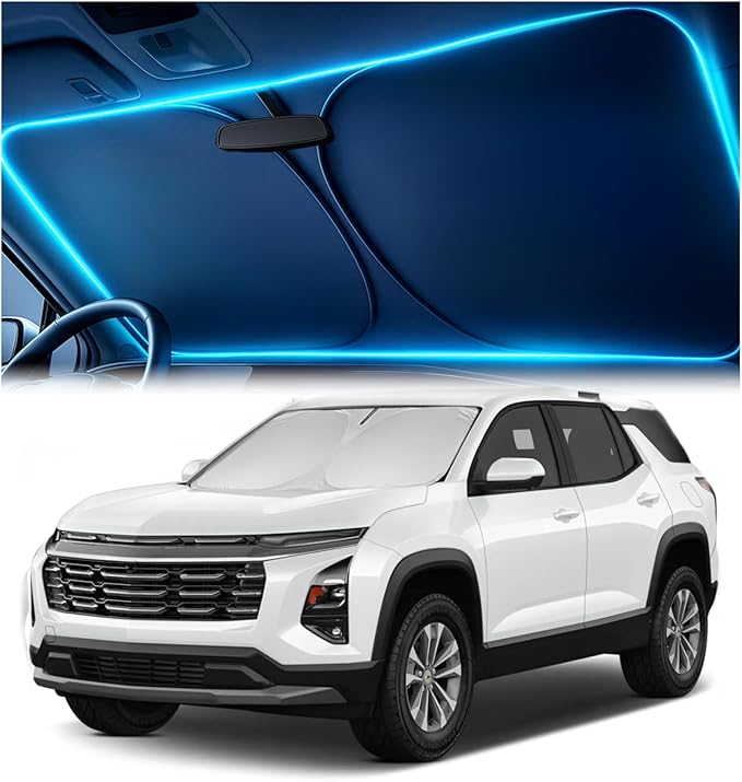 Windshield Sun Shade for Chevrolet Equinox 2018-2023, 2024, 2025, 2026 – Custom Fit Sun Shield with Mirror Cut‑Out, Blocks Heat & UV, Foldable with Storage Pouch - Chevy Equinox Windshield Sunshade