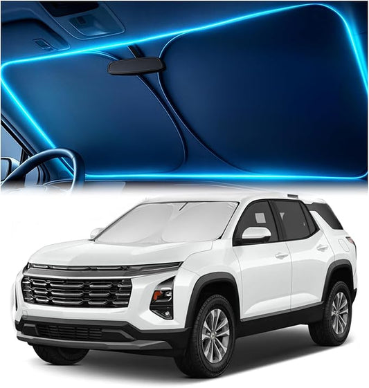 Windshield Sun Shade for Chevrolet Equinox 2018-2023, 2024, 2025, 2026 – Custom Fit Sun Shield with Mirror Cut‑Out, Blocks Heat & UV, Foldable with Storage Pouch - Chevy Equinox Windshield Sunshade