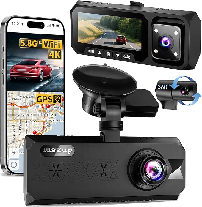 4K 3 Channel Dash Cam Front and Rear - Dash Camera for Cars - 5.8GHz WiFi GPS dashcam with IR Night Vision, 2.5K+1080P*2 Triple Car Camera 3.16" IPS, 32GB Card, G-Sensor, 24H Parking Mode