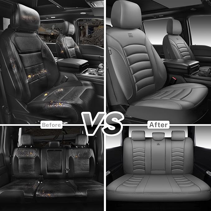 CAR PASS 3D Foam PU Leather Car Seat Covers, Universal Seat Covers Full Sets for Trucks SUV Sedan Automotive Seat Covers Armrest Airbag Compatible Waterproof Comfortable Faux Nappa Leather All Gray