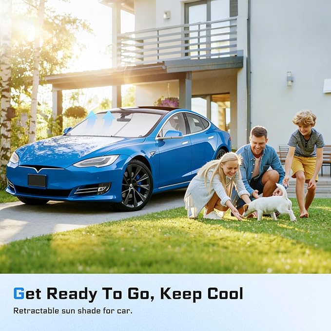 Retractable Windshield Sun Shade Automatic Sunshade for car with 99% UV Heat Protection, 420D Fabric Keep Cool & Protect Interior, Universal Adjustable Fit for Cars Trucks SUVs (Not for Large Trucks)