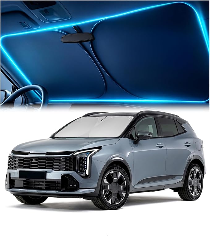 Windshield Sun Shade for Kia Sportage 2023 2024 2025 2026 – Custom Fit Sun Shield with Mirror Cut‑Out, Blocks Heat & UV, Foldable with Storage Pouch - Kia Sportage Windshield Sunshade