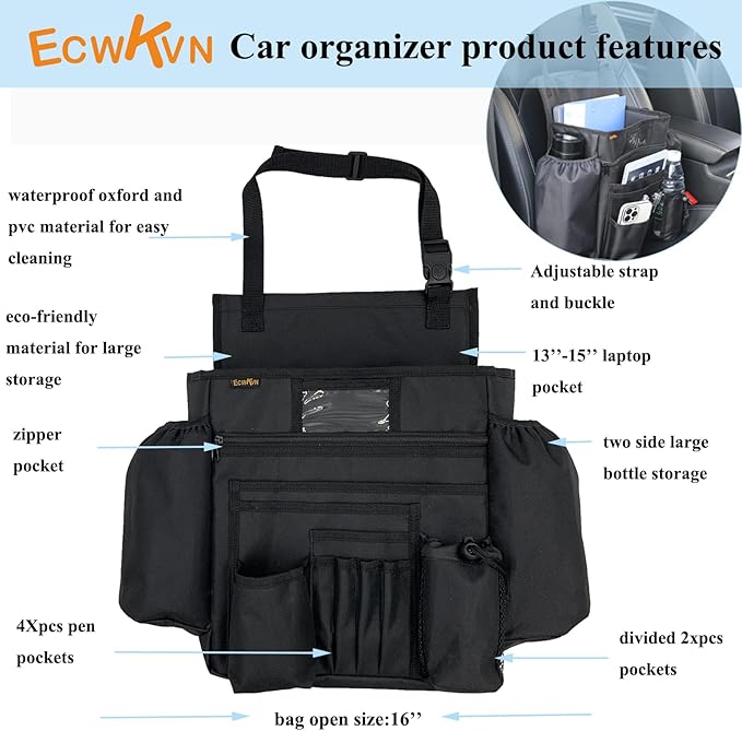 ECWKVN Car Front Seat Organizer - Car File Organizer, Passenger Seat Storage Bag Law Enforcement - Vehicle Storage with Dedicated Laptop Tablet Holder Cup Holder, Black
