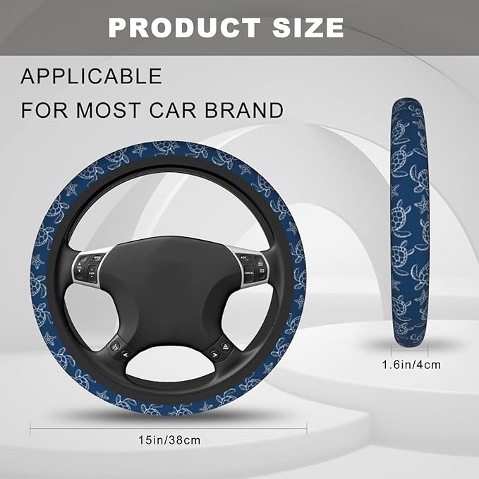 Navy Blue Turtle Steering Wheel Cover, Cute Anti-Slip Breathable Car Accessories Interior Elastic Steering Wheel Cover for Men Women Gifts Fit Auto, SUV Vans Truck Universal 14.5-15 Inch