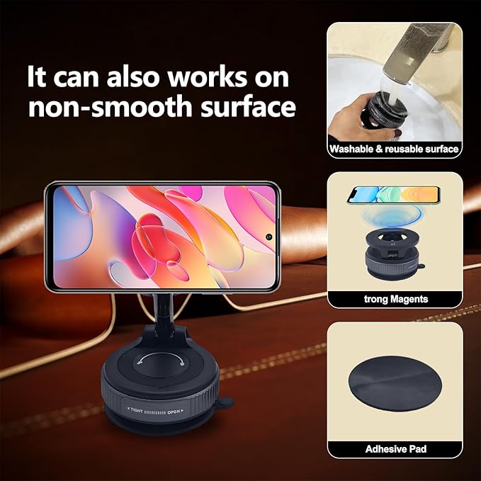 YHNNH Vacuum Magnetic Phone Holder for Car, 360° Foldable Phone Mount with Strong Suction, Magnetic Car Phone Holder Compatible with iPhone 12-16 Series & Android (Black)