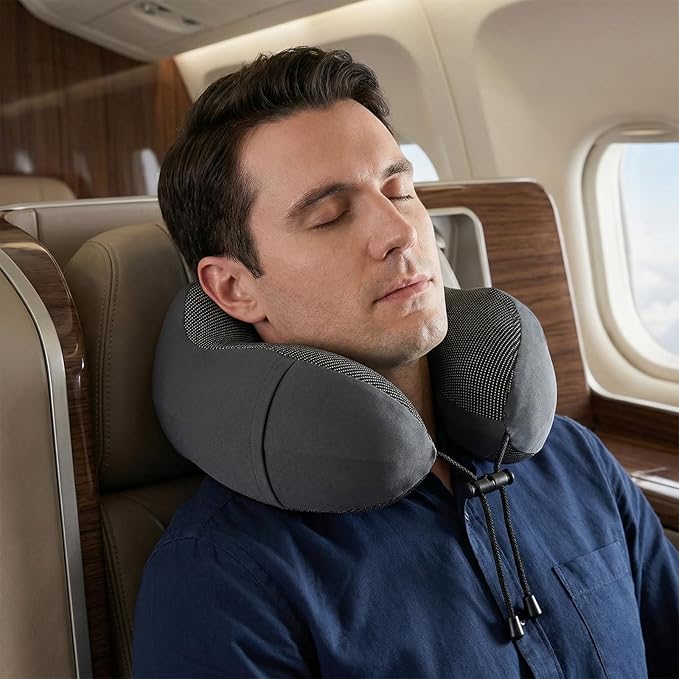 Travel Neck Pillow for Airplanes,100% Memory Foam Neck Support Pillow,Ergonomic U-Shaped 360° Neck Support,Portable with Storage Box,for Flight,Car,Train,Office & Home (Dark Gray)