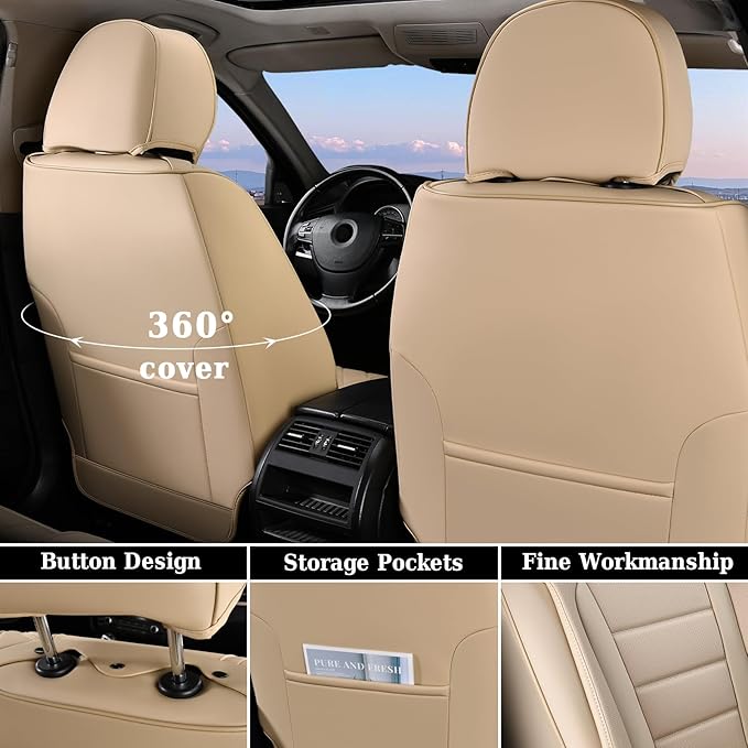 Coverado Front and Back Seat Covers for Cars, Nappa Leather Car Seat Covers, Automotive Seat Covers for Trucks, 5 Seats Waterproof Carseat Protector Car Seat Cover Beige, Universal Fit for Most Cars