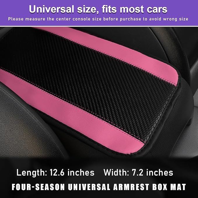 Car Center Console Pad, PU Leather Auto Armrest Seat Box Cover Protector, Comfortable Arm Rest Storage Box Mat for Vehicle Interior Protection, Universal Car Accessories (Carbon Fiber Pink)