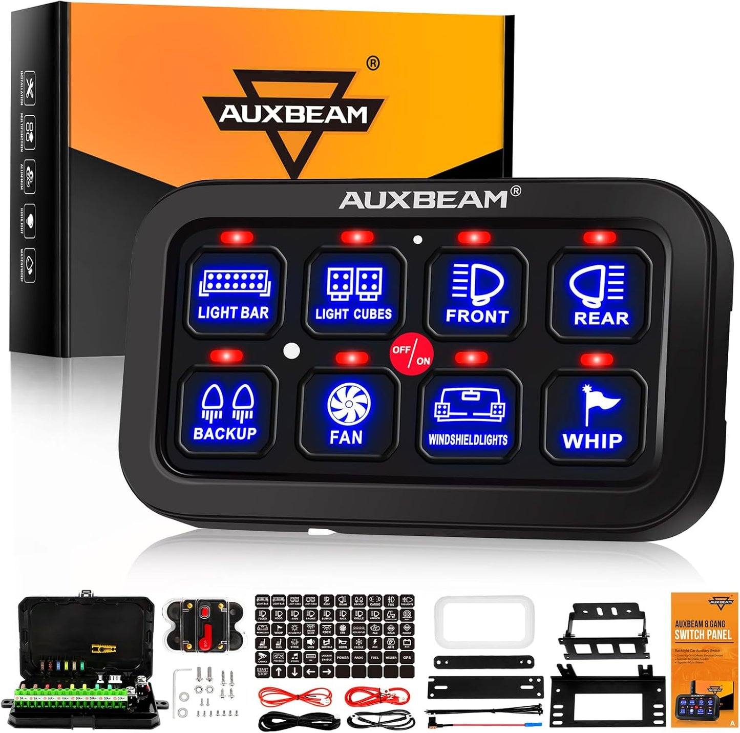 Auxbeam 8 Gang Switch Panel BA80, Universal Circuit Control Relay System Box with Automatic Dimmable On-Off LED Switch Pod Touch Switch Box for Car Pickup Truck Boat UTV ATV, Blue 2 Years Warranty