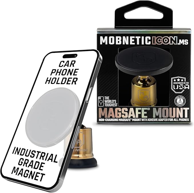 Mob Armor MobNetic Icon.MS MagSafe Compatible Phone Mount, Magnetic Phone Holder for Car w/ 90lb Pull Force, 90º Tilt & 360º Rotation, Aluminum Build, Compatibility for iPhone & Android (Gold)