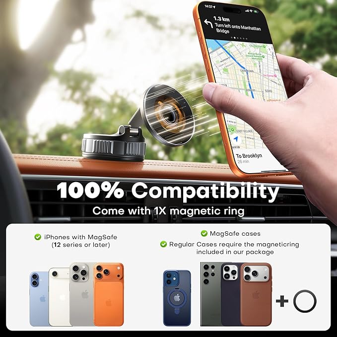 Car Phone Holder, 360°Adjustable Magnetic Phone Holder for Car, Foldable Suction Cup Phone Mount, Phone Holders for Your Car for iPhone 17/16/15/14/13/12 Series
