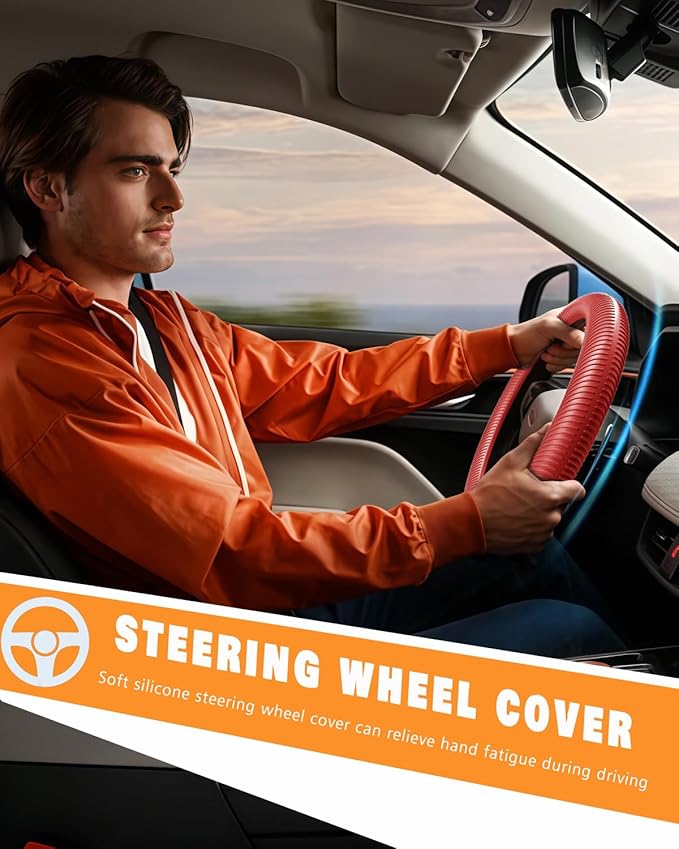 WOCOCN Car Steering Wheel Cover, Thin Anti-Skid Silicone Steering Wheel Cover for Men & Women, Universal Automotive Interior Accessories for Most Cars (Red)