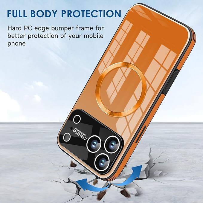 Guppy Compatible with iPhone 17 Pro Max Magnetic Case, with Full Camera Lens Protector [Compatible with MagSafe] Scratch Resistant Gradient Glass Back Cover Phone Case-Orange