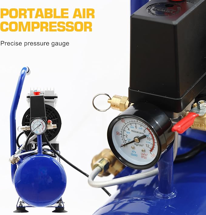 Ultra Quiet Air Compressor, 65dB, Oil-Free, Quick Couplers,115PSI, Portable Electric for Car and Bike Tires, Nail Gun, and Pneumatic Tools, Garage, Shop (Accessories Kit)