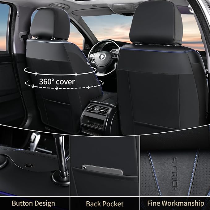 FLORICH Automotive Car Seat Covers Front Seat, Leather Car Seat Cover 2 Pack Waterproof Front Seat Covers Full Coverage Driver Seat Protector Universal Fit for Most Cars SUV Trucks, Black&Blue Line