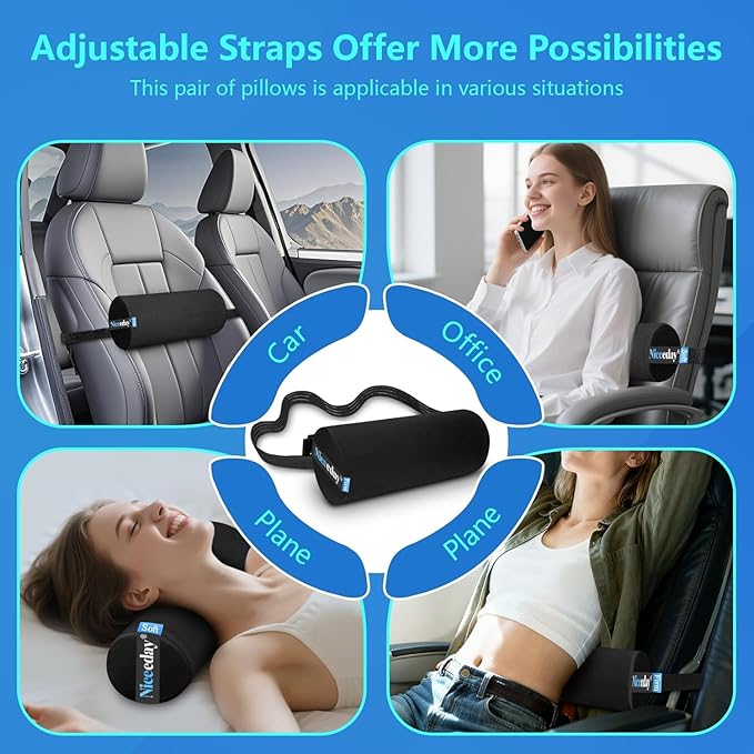 Lumbar Roll 2 Pack, Upgrated Soft & Firm Density with Non Slip Adjustable Straps, Low Back Lumbar Support for Office Chair & Car Seat Back Support Cushion, Lumbar Support for Car Seats, Desk Chair
