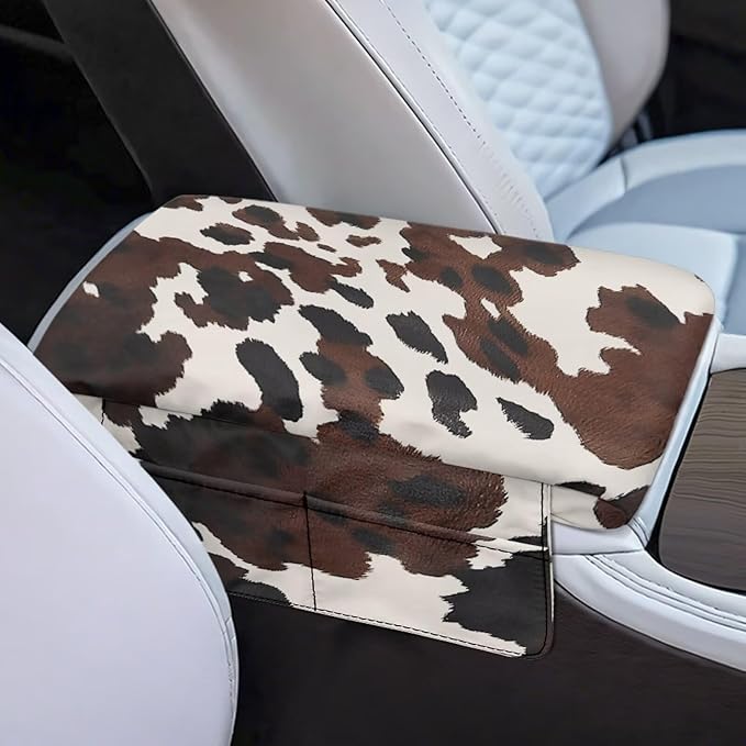 Dreaweet Brown Cow Print Center Console Cover Thick Arm Rest Cover for Car Women Cute Car Accessories Interior Comfy Anti Slip Middle Console Cushion Cover Pad with Pockets