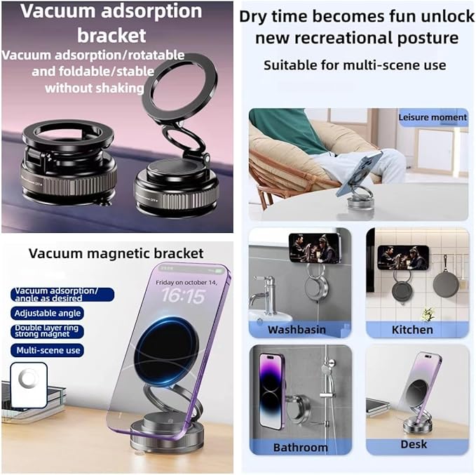 Vacuum Magnetic Car Phone Holder 360° Adjustable Foldable Portable Magnetic Phone Holder for Car for Car/Gym/Mirror/Smooth Surface Suction Cup Phone Mount Compatible for All Smartphones (Obsidian)