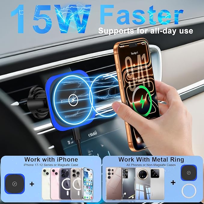 for Magsafe Car Mount Charger, 15W Magnetic Wireless Car Charger, Magnetic Car Phone Holder for iPhone 17 16 15 14 13 12 Series, Samsung Galaxy S26 Ultra S25 S24 S23 S22 S21 S20 FE, Google Pixel 10a