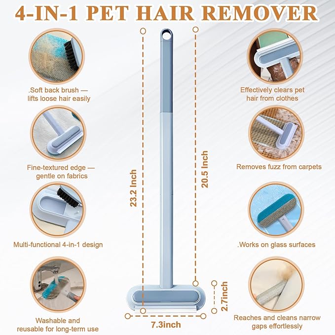 Pet Hair Remover for Furniture, Reusable Lint Roller for Dog and Cat Hair - 20.5" Multifunctional Fur Removal Tool with Long Handle Squeegee Gentle on Couch Carpets Clothes Bedding (Bl, Hand Operate)