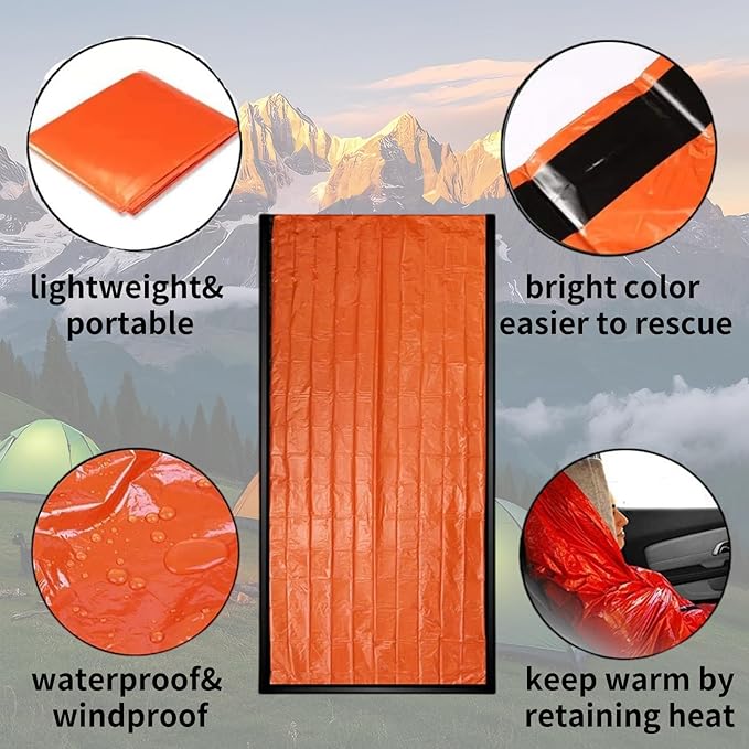 Waterproof Emergency Sleeping Bag with Whistle, 2 Pack Mylar Thermal Bivy Sack for Survival, Camping, Hiking with Emergency Blankets, Survival Kit Supplies