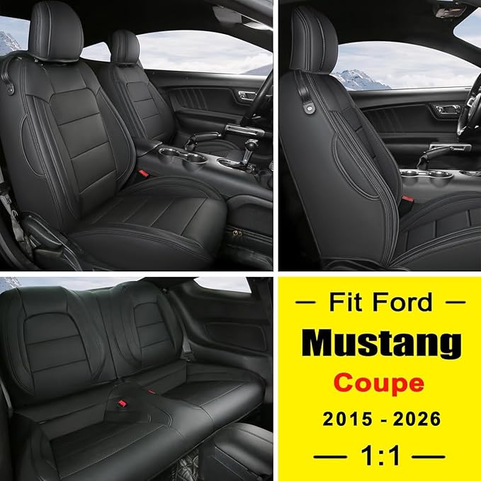 GIANT PANDA Customized Full Set Car Seat Covers Fit Ford Mustang Coupe Hardtop 2015 2016 2017 2018 2019 2020 2021 2022 2023 2024 2025 2026- (Black)