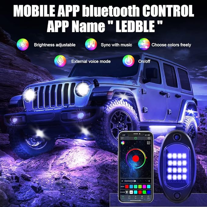 GSRECY RGB LED Rock Lights for Trucks, 8 Pods Rock Lights with App/Remote Control/Music Mode, Multilcolor Neon Underglow Wheel Well Light for ATV Pickup Off Road RZR UTV Golf Car Trailer Boat