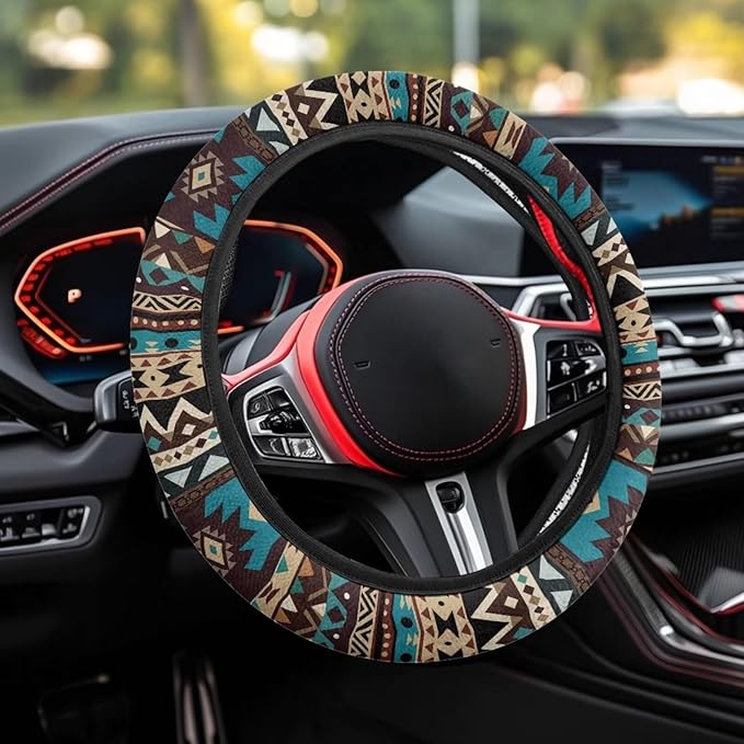SEANATIVE Ethnic Tribes Car Steering Wheel Cover, Anti-Slip, Safety, Soft, Breathable, Universal Car Steering Wheel Dust Cover, Easy to Disassemble