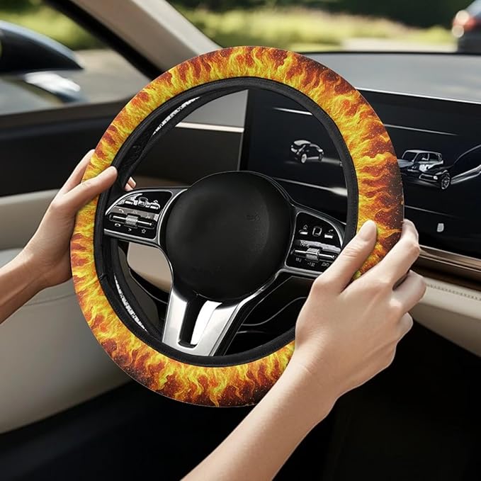 AFPANQZ Steering Wheel Cover for Women, Sweat Absorbing Non-Slip Steering Wheel Protection Case, Flame Print Machine Washable Elastic Flexible Universal 14 to 15 inch