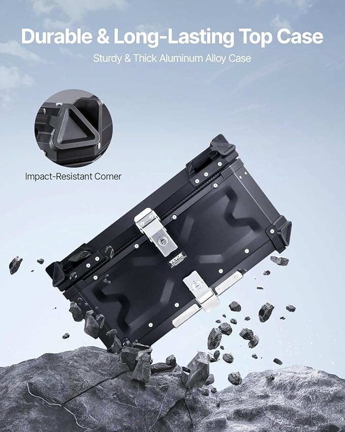 VEVOR Motorcycle Top Case 65L, Universal Aluminum Alloy Motorbike Tail Box with Leather Lining, Waterproof Detachable Motorcycle Top Box with Lock & Back Cushion, Fit for 99% of Motorcycle Frames