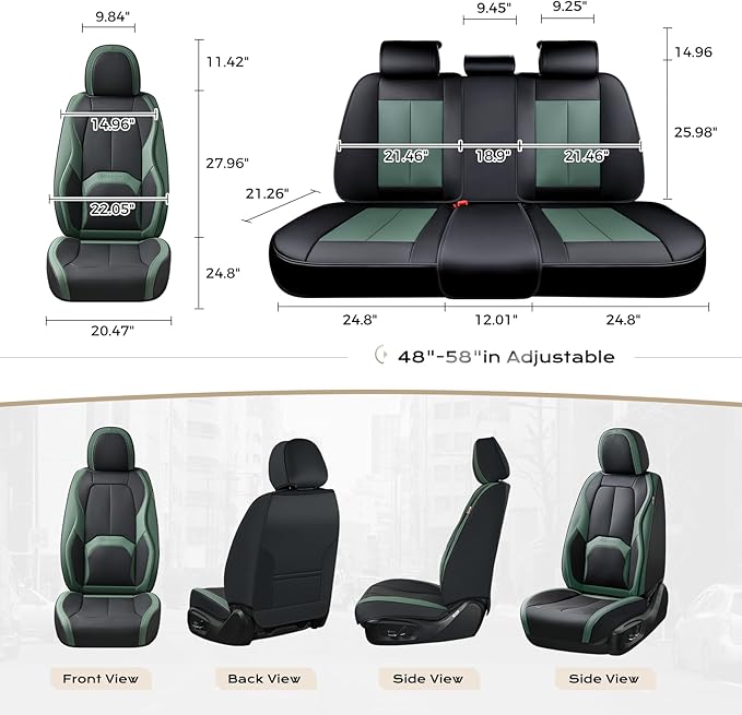 Coverado Automotive Seat Covers Front Seats, Leather Seat Covers 2 Pack, Black Green Car Seat Cover, Waterproof Car Seat Protector with Lumbar Support, Front Seat Covers Universal Fit for Most Cars