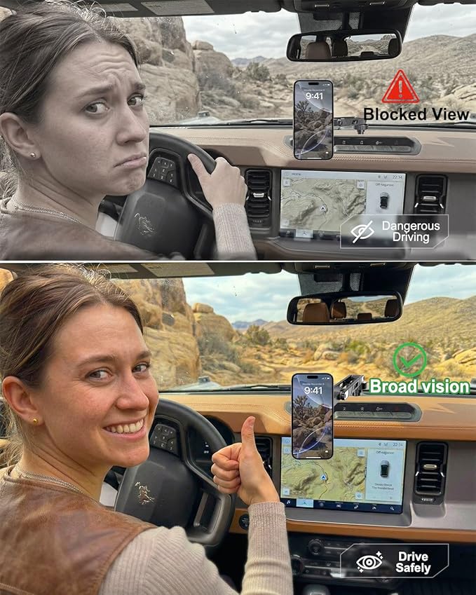 Magnetic Phone Mount for Ford Bronco 2021-2026 2/4 Door, Aluminum Alloy Phone Holder, MagSafe Phone Mount for iPhone 12-17 Series, for Ford Bronco Accessories, OEM Screws Dash Mount Install