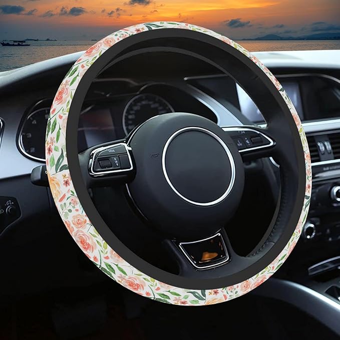 Colorful Flowers Steering Wheel Cover, Cute Printing Steering Wheel Cover Protector for Women, Ultra-Thin with Personalized Pattern Design, for Steering Wheel with a Diameter of 14.5"-15"