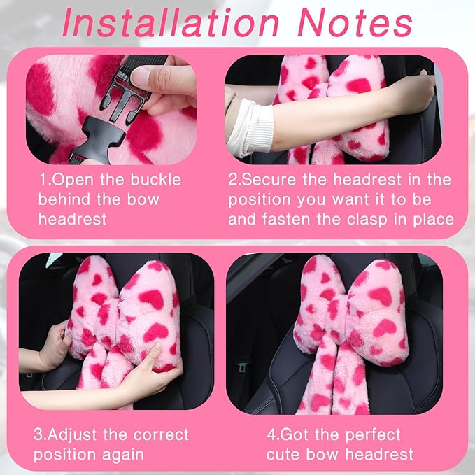 Macarrie 2 Pcs Car Neck Pillow Plush Butterfly Bow Car Headrest Pillow Comfortable Seat Neck Support Cute Head Rest Accessories for Driving Travel Driver Chair Girl Style Interior Decor(Pink Heart)