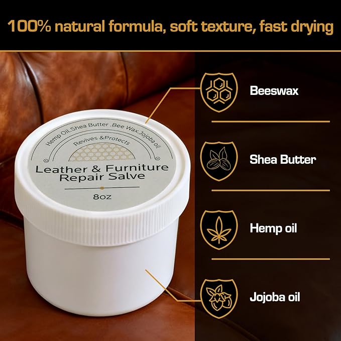 Furniture Salve for Leather Conditioner: Natural Oil Beeswax Formula for Couches Purse Bag Car Seat - Moisturizer and Restorer Leather Wood and Vinyl - Prevent Cracking or Fading & Water Rings (8oz)