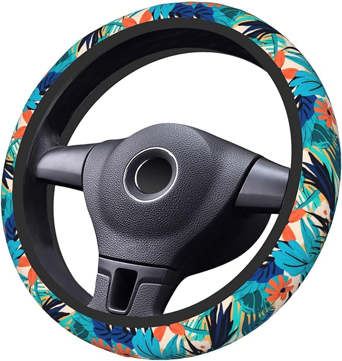 Car Steering Wheel Cover,Tropical Leaves Universal Non Slip Wheel Protector 15 Inch Elastic Car Accessories for Men Women
