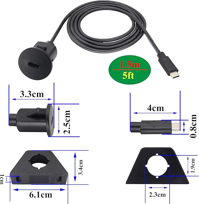 zdyCGTime USB Type C 3.0 Flush Mount Extension Cable USB C 3.0 Male to Female Flush Panel Mount Cable for Car, Boat, Motorcycle, Truck Dashboard,Sync Charging & Data Transferring.(1.5M/5FT/Type C)
