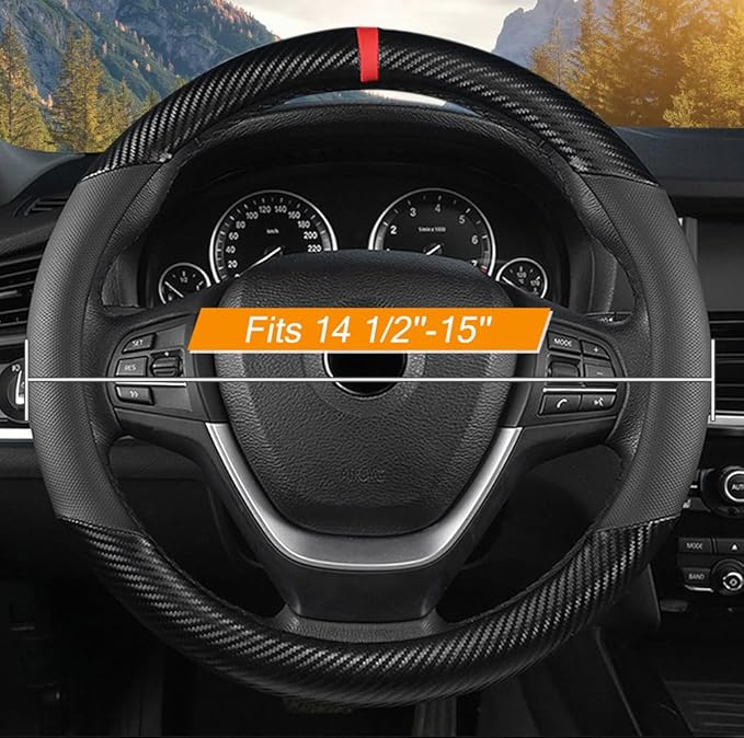 KAFEEK Car Steering Wheel Cover Men, Universal 15 inch, Microfiber Leather Carbon Fiber Black Steering Wheel Accessories, Anti-Slip, Odorless, Breathable, Black