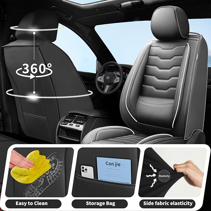 Fit Tucson Car Seat Covers Premium Leather for Hyundai Tucson 2010-2025 2026. Waterproof， Breathable, Scratch-Resistant & All-Weather Seat Cushion Protector (Full Set, White Line Black)