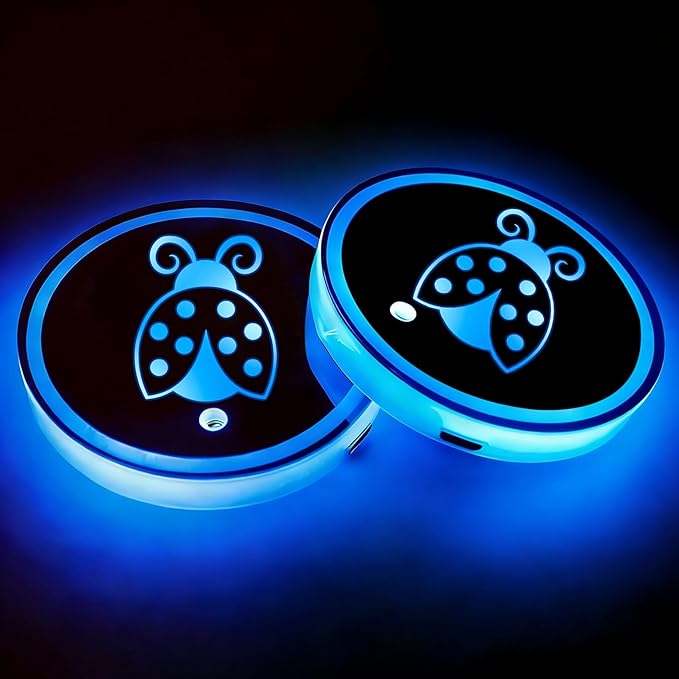 Ladybug LED Cup Holder Lights for Car,2Pcs LED Light Up Cup Holder Coasters with USB Charging 7 Colors 3 Modes,Waterproof Interior Atmosphere Lamp,Car Decor Accessories Ladybug Gifts for Women Men