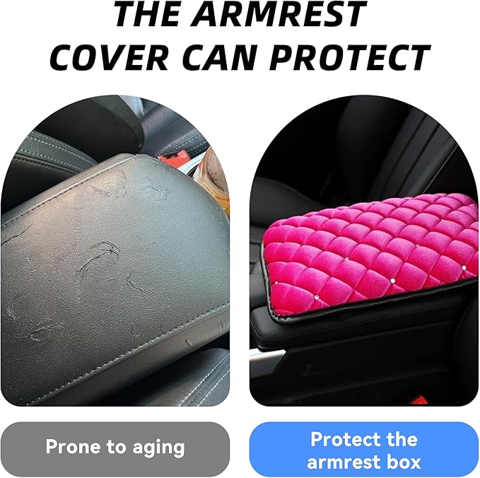 Bling Car Armrest Cover, Crystal Rhinestone Fluffy Automotive Armrest Seat Box Cushion Pad, Soft Comfortable Diamond Car Center Console Cover, Universal Vehicle Accessories (Rose Red)