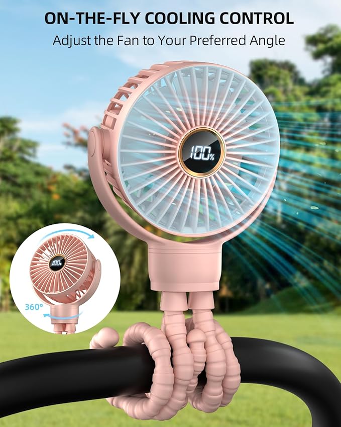 Portable Stroller Mini Fan, Small Rechargeable Personal Fan, Travel Essentials for Baby, Wagon, Car Seat, Treadmill, Battery Powered Biking Gear Accessories, 360° Rotation, 3-Speed, Display, Pink