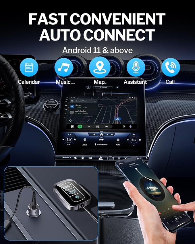 Wireless Android Auto Adapter for Factory Wired Android Auto Car, Converts Wired to Wireless, Compatible with Android 11+ & Cars from 2017, Black