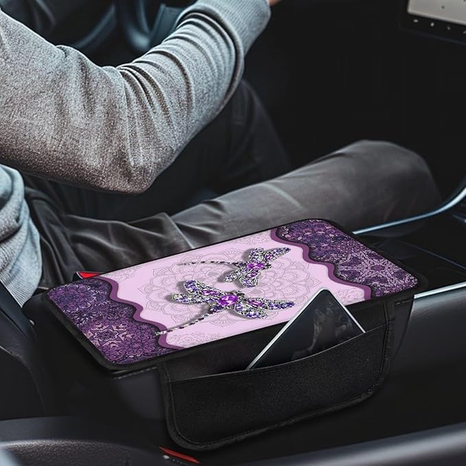 Boho Floral Dragonfly Print Car Center Console Cover Waterproof Vehicle Armrest Cover Pad with 2 Storage Bags Scratch-Resistant Car Armrest Cushion Car Accessories Interior Protection