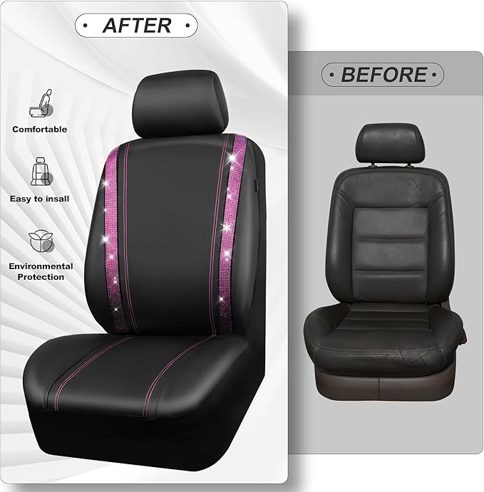 CAR PASS Leather Bling Diamond Car Seat Covers 2 Front Interior Sets, Waterproof Universal Shining Glitter Crystal Sparkle Fit for Automotive Truck SUV Cute Women Girl, Black Pink Rhinestones